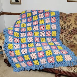 Vintage Granny Square Crochet Afghan Blanket Throw 65" X 43"